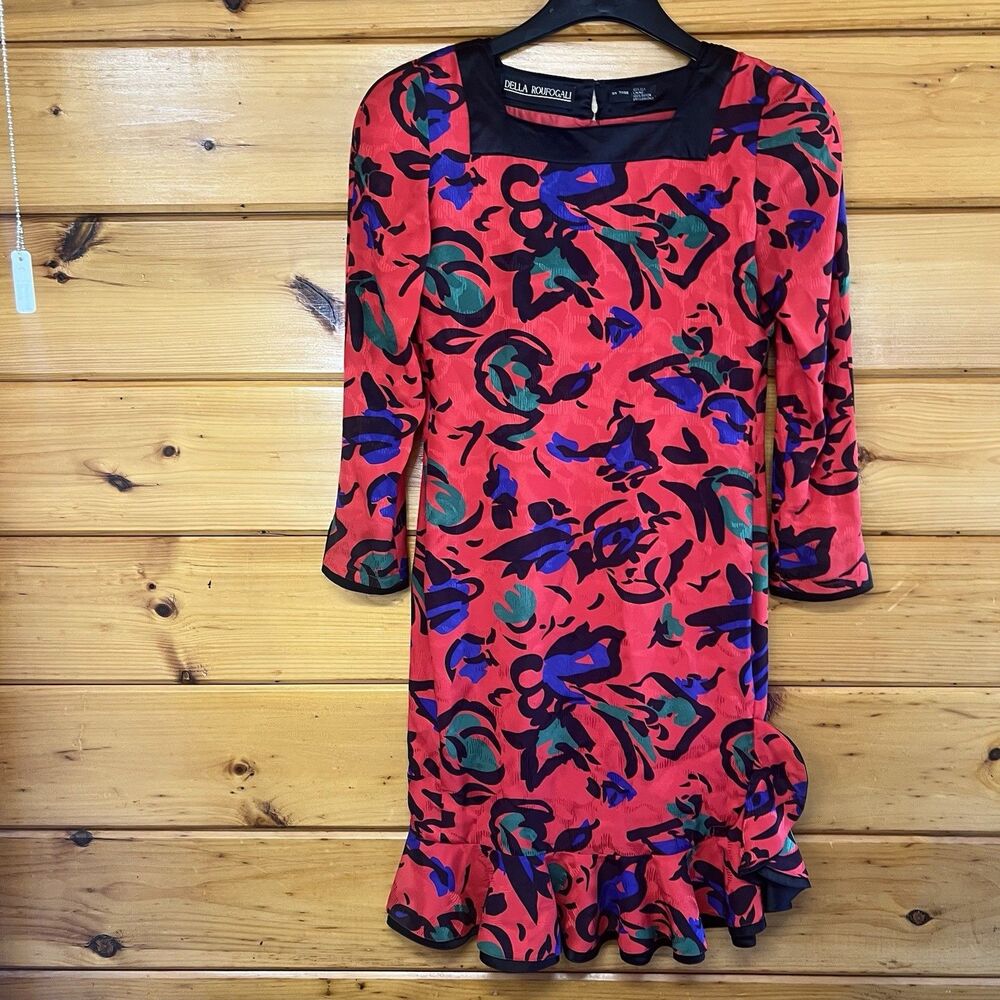 Della Roufogali 100% Silk Vintage Colorful Ruffle Square Neck Dress Floral VTG 8